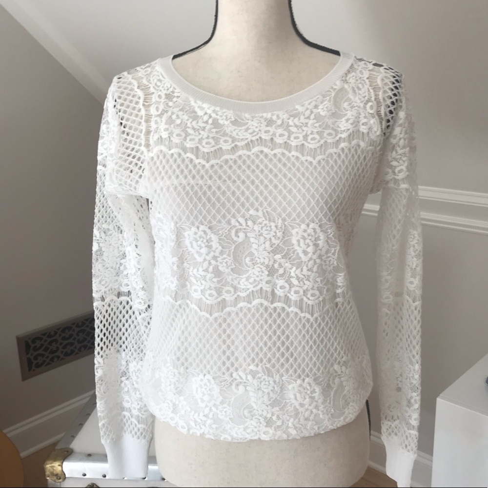 Long Sleeved White Lacey Top. Size XS